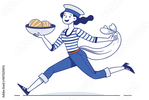 Running Cartoon Sailor Girl Holding Bowl of Buns and Bag in Blue Outfit