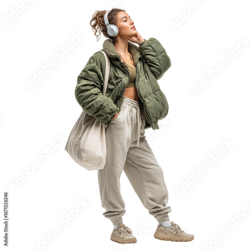 Trendy young woman wearing crop top layered with puffer jacket, wide sweatpants, sneakers, stands sideways. Wearing headphones, carrying oversized shoulder bag. Isolated object, transparent background