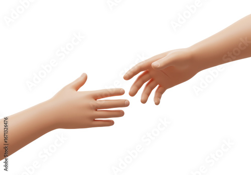 Isolated rendering of two hands reaching, seeking connection or help, concept of support