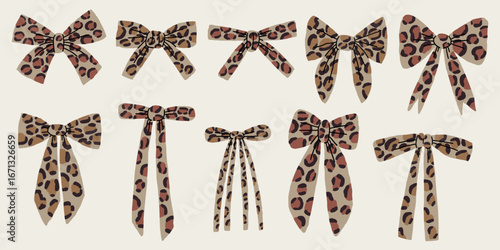 Bow Leopard Pattern Print Graphic Set. Girl Fashion Ribbon Design Collection. Vector Hand Drawn Illustration