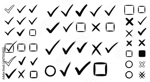Dynamic hand-drawn checkmarks crosses and boxes for decisive marking and selection