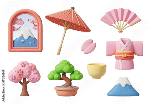 3d icon of japanese culture icons set with mount fuji, cherry blossom, bonsai tree, kimono, fan, umbrella, and tea cup isolated on transparent background