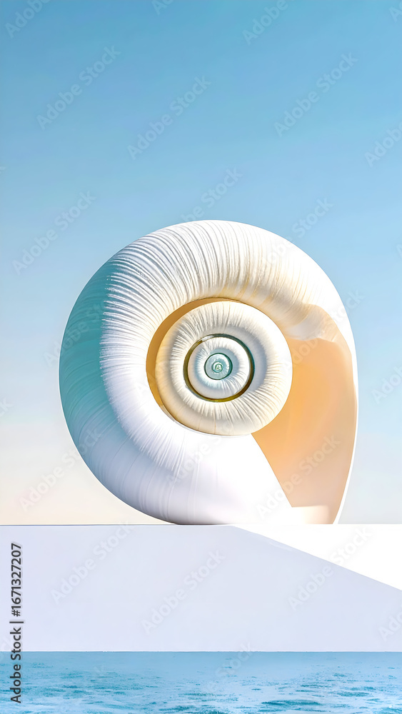 Obraz premium White Spiral Seashell on Sandy Beach Against Blue Sky
