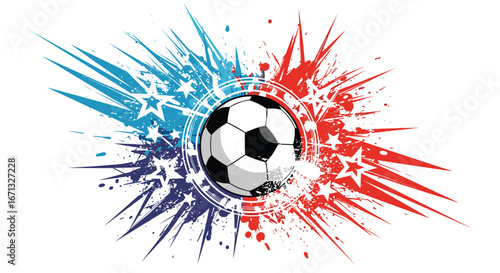 Dynamic soccer ball explodes with vibrant red blue starburst energy and abstract splatter