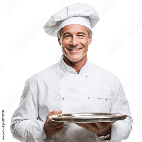 Middle-aged male chef in professional uniform, standing holding empty plate with both hands. Isolated object with transparent background. Culinary theme, restaurant branding, kitchen staff concept

