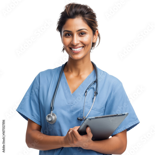 Young female doctor in blue uniform, smiling, with stethoscope around neck, holding patient chart. Isolated object with transparent background