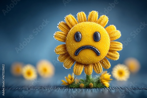Wallpaper Mural Sad sunflower with raindrops with feeling blue, on a wooden surface, studio shot, and blue background. Torontodigital.ca