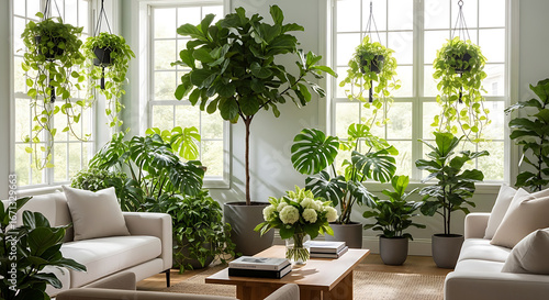 Bright living room with white sofas and many green plants near windows and on a wooden coffee table