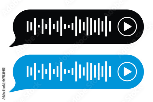 Voice message, audio chat interface and record play bubble, vector messenger playback. Voice message icon of microphone button and sound wave of recording listen in eps 10.