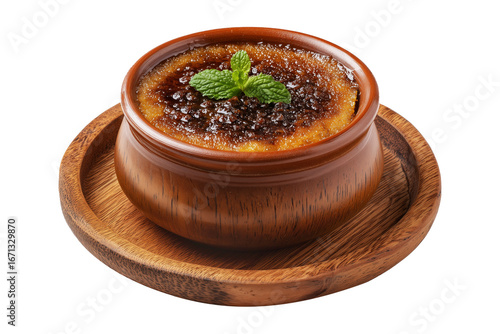 Indian baked rice pudding cornmeal dessert topped with caramelized sugar, spices and molasses isolated on white transparent background, concept of homemade dessert