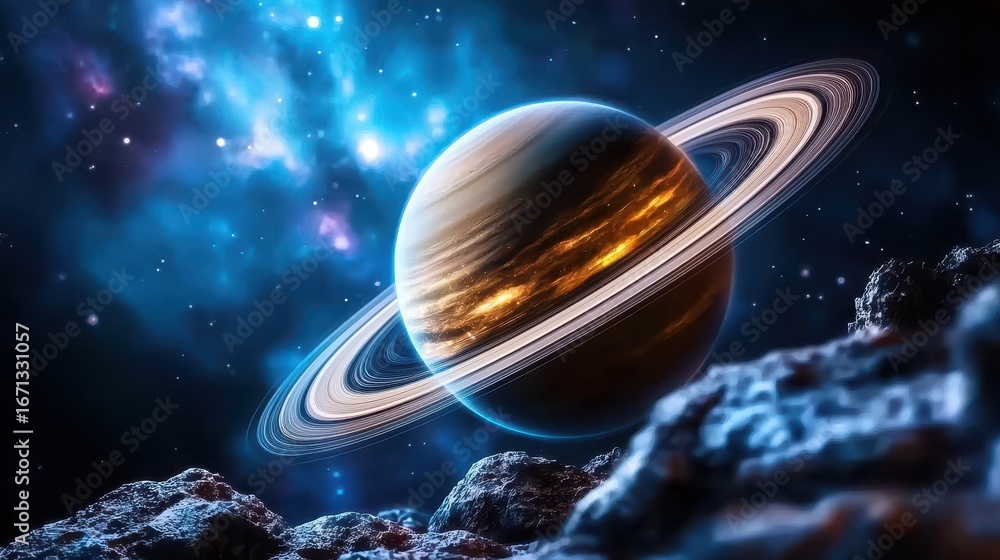 Fototapeta premium Ringed Planet in Vibrant Nebula Cosmic Landscape