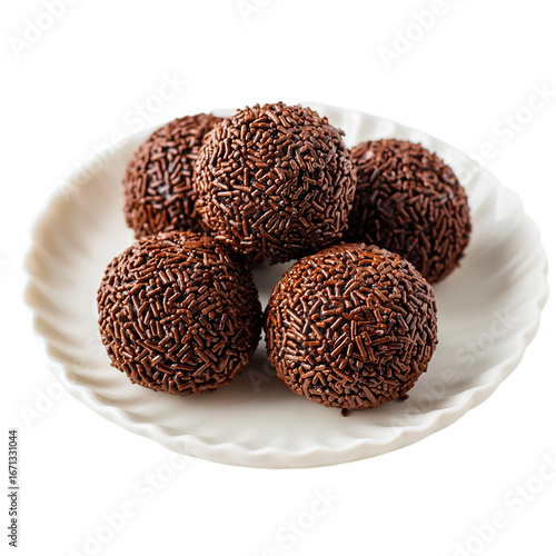 Brazilian brigadeiros in a white plate on transparent background