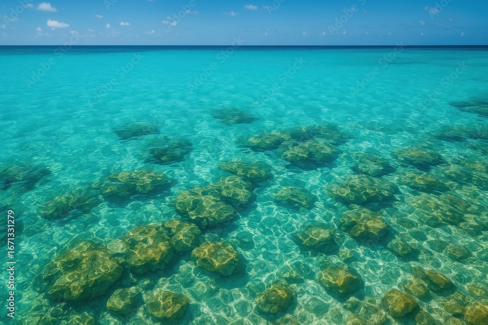 Fototapeta premium Serene Ocean Vista: The crystal-clear turquoise ocean gently laps against the shore. The vibrant underwater rock formations adds a touch of geological wonder to the scene.