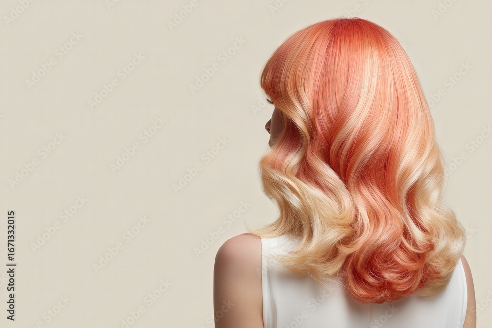Naklejka premium A woman with vibrant, wavy, ombre-colored hair, styled in a retro fashion, against a neutral background.