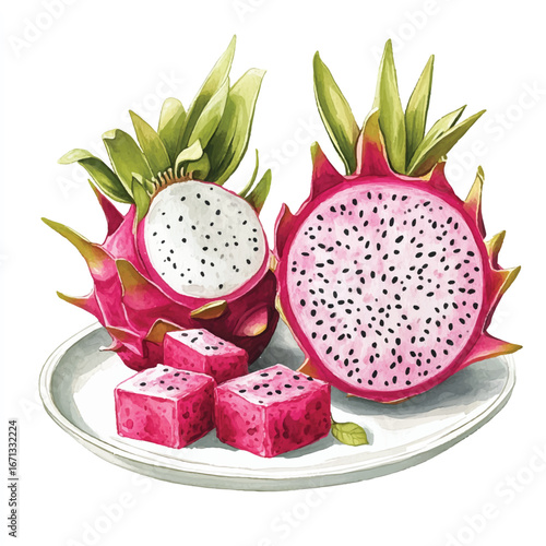 a cute Dragon fruit on a plate and some cuts