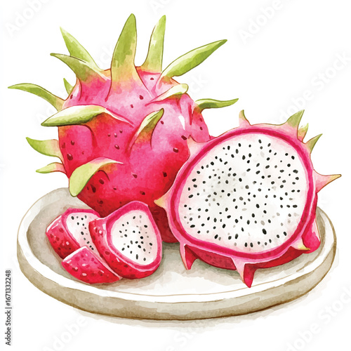 a cute Dragon fruit on a plate and some cuts