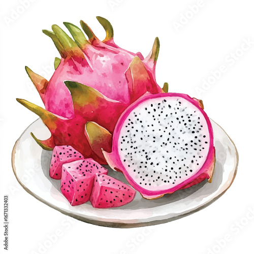 a cute Dragon fruit on a plate and some cuts