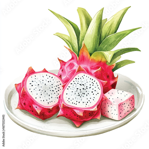 a cute Dragon fruit on a plate and some cuts