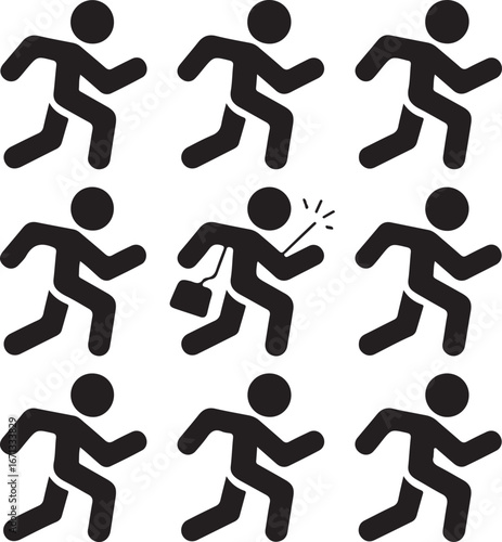 Vector illustration of sport silhouettes of people, including soccer and basketball players, with some running and kicking balls