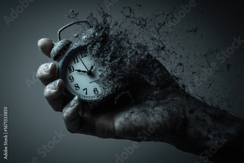 A hand gripping an old-fashioned alarm clock disintegrates into dust, symbolizing the fleeting nature of time and mortality