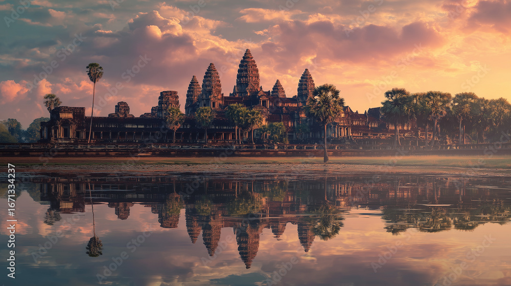 Fototapeta premium angkor wat, banner background with sunrise temple reflection, spiritual vibe