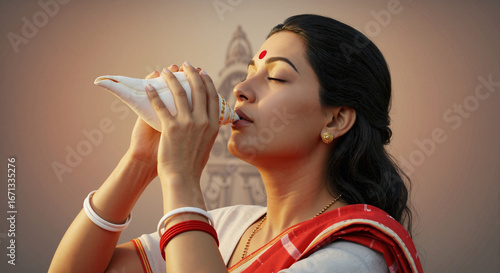 Wallpaper Mural Woman in Red Traditional Saree Playing Shankh During Festival Celebration Torontodigital.ca