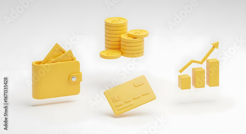 Yellow finance icons wallet, coins, credit card, and growth chart isolated on white background