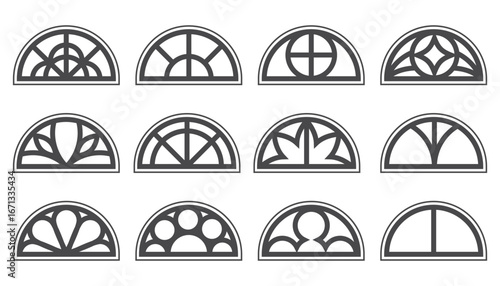Gothic glass semicircle rose windows set. Medieval vector frames silhouettes. Circular vintage stained glass outline illustrations on white background