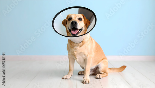 Golden Labrador Retriever Wearing an E-Collar on Light Wood Floor Against a Light Blue Wall