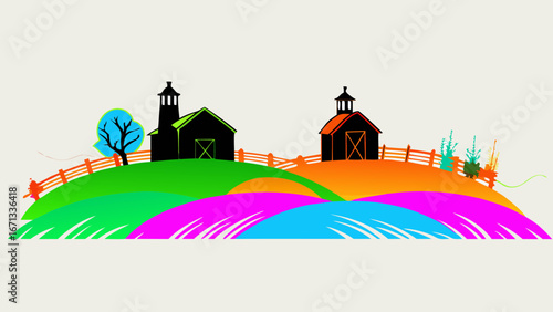Vibrant Countryside Farm Landscape with Barns – Colorful Rural Illustration