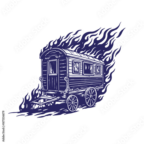Antique wagon engulfed in flames depicting vintage caravan on fire isolated illustration