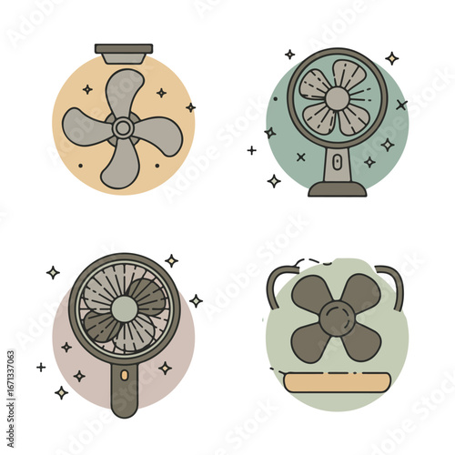 Various fan styles ceiling, table, handheld, box, in round backgrounds, minimal