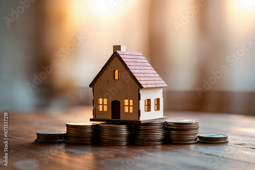 Miniature house on stacked coins stacks money