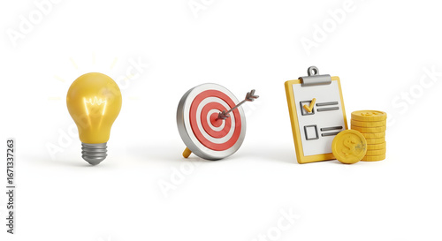Light bulb, target, checklist, and coins isolated on white background