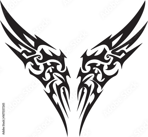 Black Tribal Wing Tattoo Design with Pointed Tips and Interlocking Shapes on White Background vector