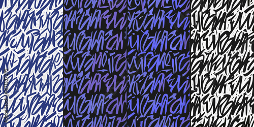 Abstract graffiti art seamless pattern with blue purple and black color variations