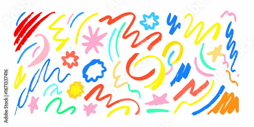 Vibrant abstract doodles and scribbles in a playful assortment of bright colors on a white background