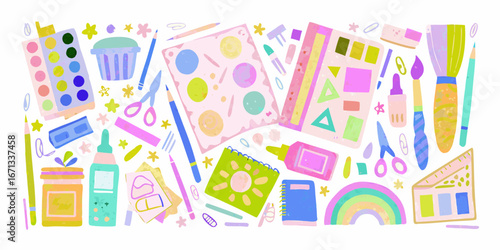 A vibrant collection of art and craft supplies arranged in a playful and colorful composition