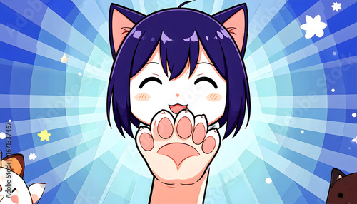 Happy Anime Girl with Cat Ears and Paws in Pixel Art Style