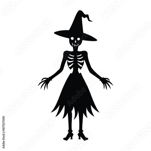 A black cat and a cartoon witch with a broom and hat dress up for a Halloween party