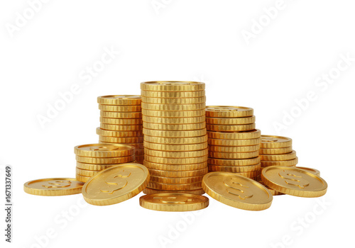 Isolated golden dollar coins stacked in a pile on the ground for commerce and finance