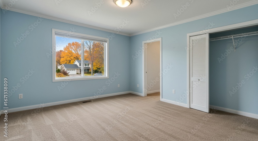 Obraz premium An empty room with light blue walls and a window.