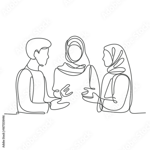 One continuous line drawing of Business people are discussing and presenting their business in front of their clients. Business people activity in simple continuous line style concept design vector.