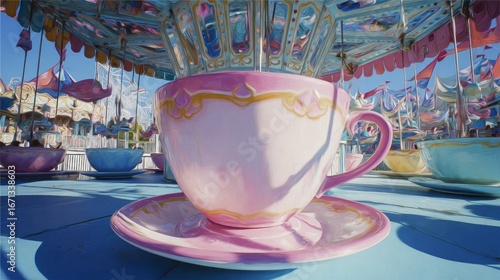 Colorful teacups on carousel