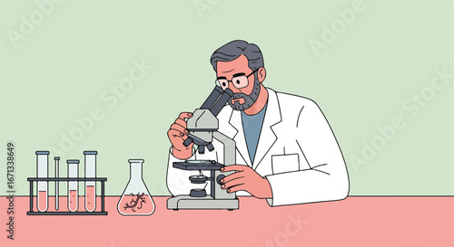 Researcher examines sample with microscope in a laboratory setting