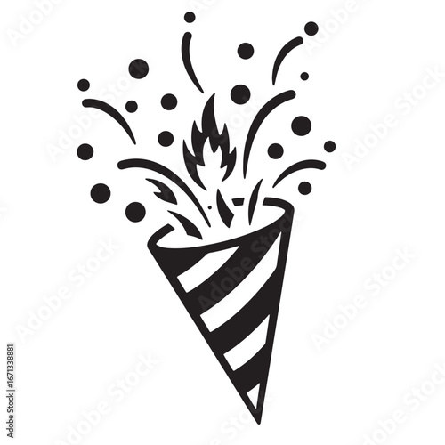 Black and white party popper illustration with confetti for celebrations and festive events