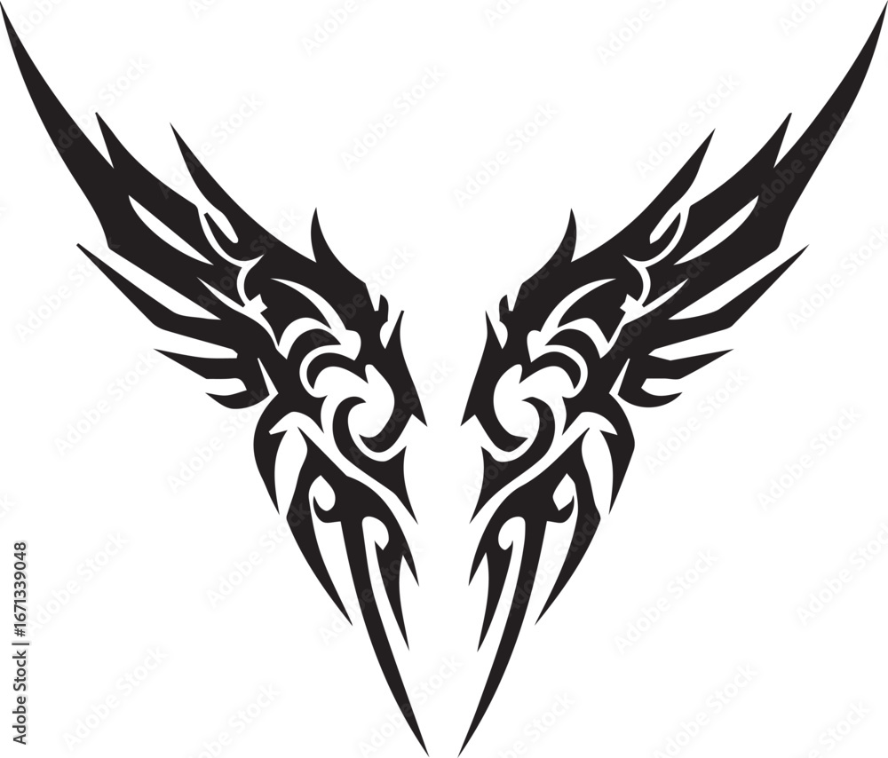 Obraz premium Tribal Style Black Wings Tattoo Design with Sharp Edges black and white