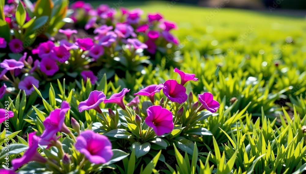 Obraz premium Colorful Spring Garden with Blooming Flowers and Greenery