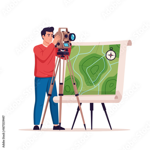 A surveyor using a theodolite to take measurements from a map.