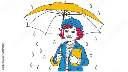 Cartoon girl smiling under umbrella in rain with letter in hand